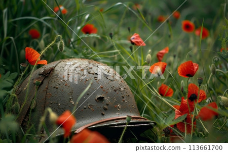 A rusted war helmet lies amidst vibrant red poppies and green foliage, creating a poignant contrast between war and peace. 113661700