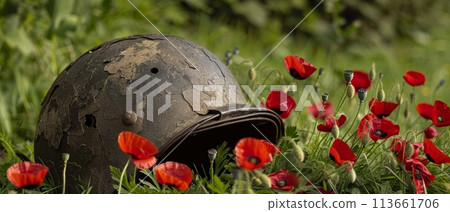 An old, weathered military helmet rests among a field of vibrant red poppies, a somber reminder of the sacrifices made by those who served. 113661706