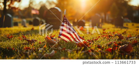 An American flag stands out in the warm sunset light at a peaceful veterans cemetery adorned with autumn leaves. 113661733