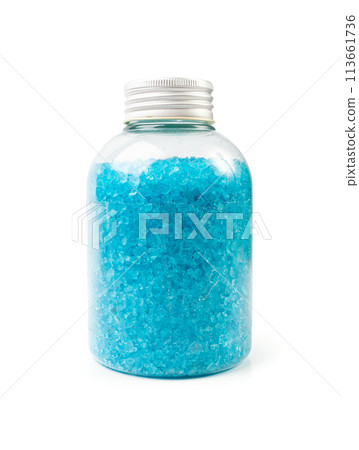 Blue Salt Crystals in Bottle Isolated, Bath Salt for Spa Relax, Cupric Sulfate or Copper Sulfate, Pool Algicide Blue Salt Crystals in Bottle Isolated, Bath Salt for Spa Relax, Cupric Sulfate or Copper Sulfate, Pool Algicide 113661736
