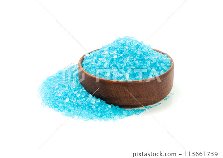 Blue Salt Crystals in Wood Bowl Isolated, Bath Salt for Spa Relax, Cupric Sulfate or Copper Sulfate 113661739
