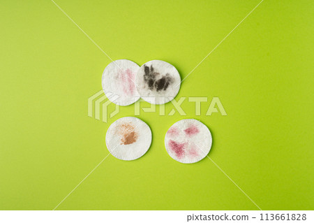 Dirty Cotton Pads, Makeup Removal, Used Cotton Disks after Makeup Cleansing, Removing Make Up 113661828
