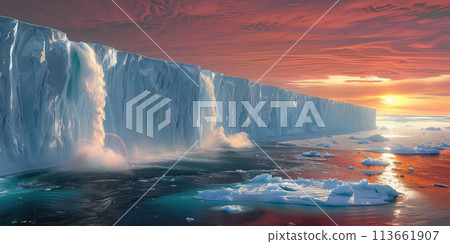 waterfalls flowing from the edge of a melting ice shelf, climate change concept 113661907