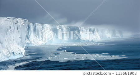 Antarctic coast, the distant misty edge of the Antarctic ice sheet breaks into the sea 113661908