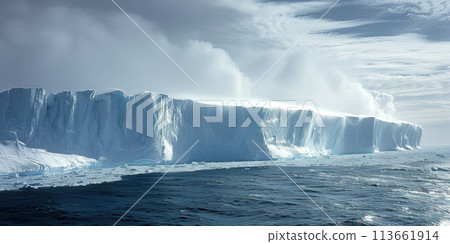Antarctic coast, the edge of an ice shelf against the backdrop of an impending snow storm 113661914