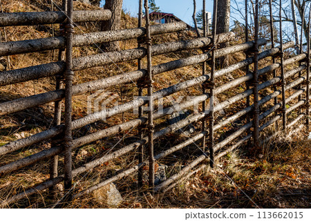 Wooden fence, assembled from flexible branches in sunset 113662015