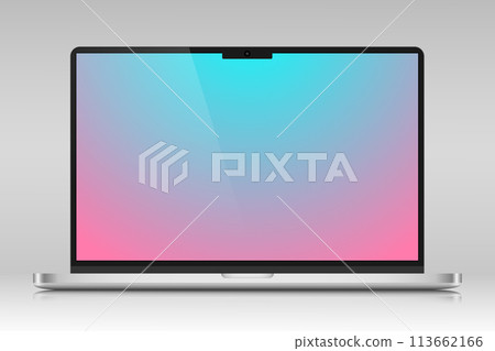 A laptop with a color screen and a glare on a gray gradient background. 113662166
