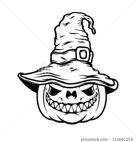 Halloween pumpkin in witch hat. Design element for poster, card, banner, sign t shirt. Vector illustration Halloween pumpkin in witch hat. Design element for poster, card, banner, sign t shirt. Vector illustration 113662259