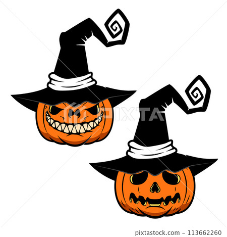 Halloween pumpkin in witch hat. Design element for poster, card, banner, sign t shirt. Vector illustration 113662260