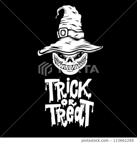 Halloween pumpkin in witch hat. Design element for poster, card, banner, sign t shirt. Vector illustration 113662268