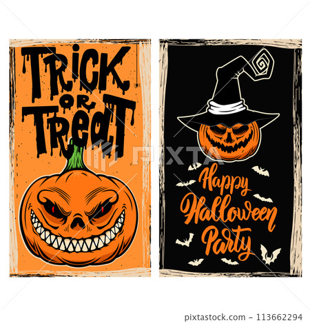 Set of halloween flyers with scary pumpkin. Vector illustration Set of halloween flyers with scary pumpkin. Vector illustration 113662294