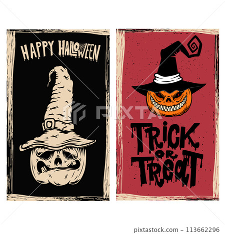 Set of halloween flyers with scary pumpkin. Vector illustration Set of halloween flyers with scary pumpkin. Vector illustration 113662296