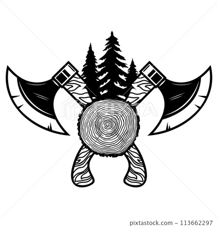 Crossed lumberjack axes with wood cut. Design element for logo, emblem, sign, poster, t shirt. Vector illustration 113662297