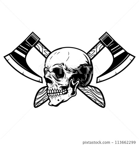 Crossed lumberjack axes with skull. Design element for logo, emblem, sign, poster, t shirt. Vector illustration 113662299