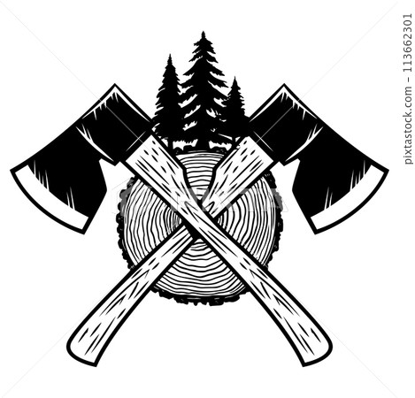 Crossed lumberjack axes with wood cut. Design element for logo, emblem, sign, poster, t shirt. Vector illustration 113662301