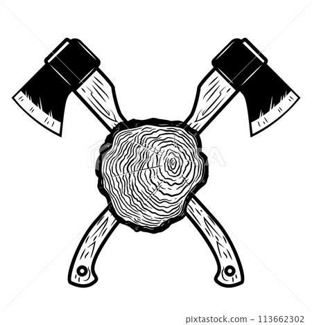 Crossed lumberjack axes with wood cut. Design element for logo, emblem, sign, poster, t shirt. Vector illustration 113662302