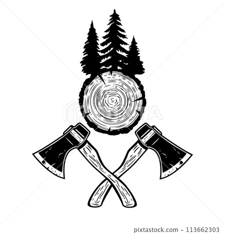 Crossed lumberjack axes with wood cut. Design element for logo, emblem, sign, poster, t shirt. Vector illustration 113662303