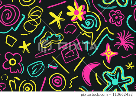 Fun shapes children seamless pattern. Flower geometric neon bright color funky groovy 90s cartoon isolated print pattern. Vector illustration on black background Fun shapes children seamless pattern. Flower geometric neon bright color funky groovy 90s cartoon isolated print pattern. Vector illustration on black background 113662452