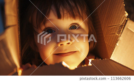 A close-up portrait of a young child with bright eyes and a mischievous grin, lost in a world of imagination 113662606