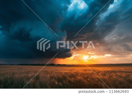 Stormy clouds, sun and rain over summer meadow 113662693