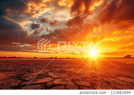 Stormy clouds, sun and rain over dry land 113662694