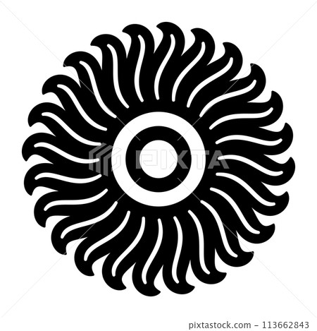 Floral motif and sun symbol. Solar sign, a circle surrounded by twenty-four flames or rays of light. Or also a blossom with petals.Black and white illustration, isolated, on white background. Vector. Floral motif and sun symbol. Solar sign, a circle surrounded by twenty-four flames or rays of light. Or also a blossom with petals.Black and white illustration, isolated, on white background. Vector. 113662843