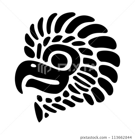 Eagle head, flat clay stamp motif of ancient Mexico. The head of the golden eagle Cuauhtli, fifteenth day sign of the Aztec calendar, as it was found in Tenochtitlan, historic center of Mexico City. Eagle head, flat clay stamp motif of ancient Mexico. The head of the golden eagle Cuauhtli, fifteenth day sign of the Aztec calendar, as it was found in Tenochtitlan, historic center of Mexico City. 113662844