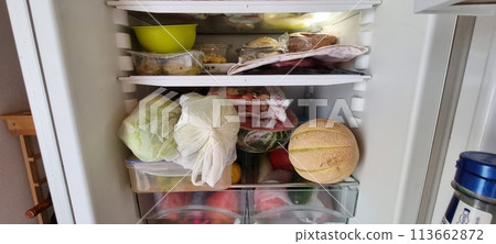 View of an open refrigerator filled with various fruits, vegetables, and frozen foods 113662872