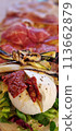 Exquisite close-up of a mediterranean antipasto platter with cured meats, cheese, and grilled 113662879