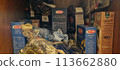Assorted pasta packages in a pantry 113662880