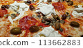 Fresh pepperoni and olive pizza with mozzarella 113662883
