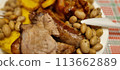 Detailed close-up of a comforting rustic meal with grilled meat and beans 113662889