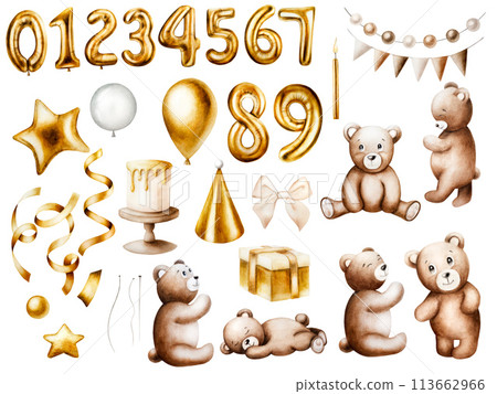 Watercolor isolated birthday illustration set with cute cartoon teddy bears, golden foil balloon numbers, holiday cake, present box, candles, ribbon and streamer. Hand drawn birthday party zero, one Watercolor isolated birthday illustration set with cute cartoon teddy bears, golden foil balloon numbers, holiday cake, present box, candles, ribbon and streamer. Hand drawn birthday party zero, one 113662966