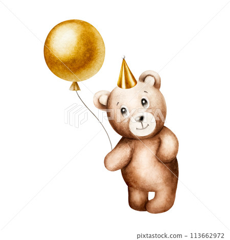 Watercolor cute cartoon teddy bear with golden foil balloon on a string. Hand drawn baby illustration isolated on white background. Lovely toy for baby and kids new born celebration, designers, prints 113662972