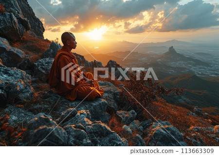 Buddhist monk meditating in the mountains 113663309