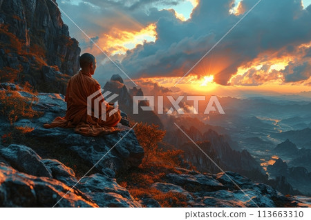 Buddhist monk meditating in the mountains 113663310