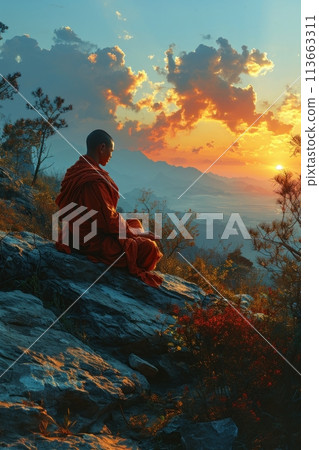 Buddhist monk meditating in the mountains 113663311