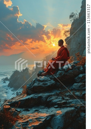 Buddhist monk meditating in the mountains Buddhist monk meditating in the mountains 113663317
