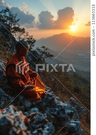 Buddhist monk meditating in the mountains Buddhist monk meditating in the mountains 113663318