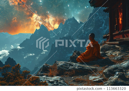 Buddhist monk meditating in the mountains 113663320