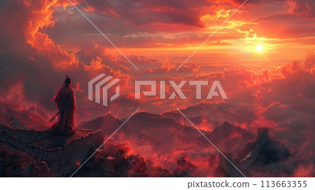 chinese warrior on the great wall of china 113663355