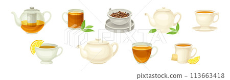 Tea Brewing with Teapot and Cup Vector Set Tea Brewing with Teapot and Cup Vector Set 113663418