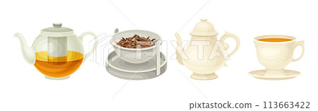 Tea Brewing with Teapot and Cup on Saucer Vector Set Tea Brewing with Teapot and Cup on Saucer Vector Set 113663422