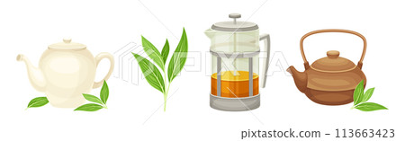 Tea Brewing with Teapot and French Press Vector Set Tea Brewing with Teapot and French Press Vector Set 113663423