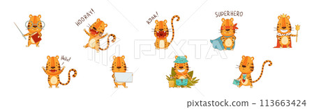 Funny Tiger Predator Jungle Animal with Striped Coat Engaged in Different Activity Vector Set Funny Tiger Predator Jungle Animal with Striped Coat Engaged in Different Activity Vector Set 113663424