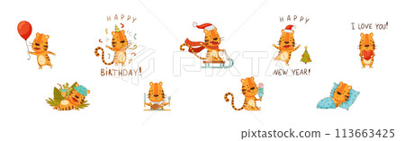 Funny Tiger Predator Jungle Animal with Striped Coat Engaged in Different Activity Vector Set Funny Tiger Predator Jungle Animal with Striped Coat Engaged in Different Activity Vector Set 113663425