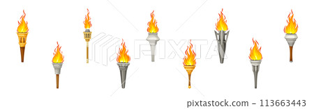 Torch with Bright Burning Fire Flame Vector Set Torch with Bright Burning Fire Flame Vector Set 113663443