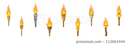 Torch with Bright Burning Fire Flame Vector Set Torch with Bright Burning Fire Flame Vector Set 113663444
