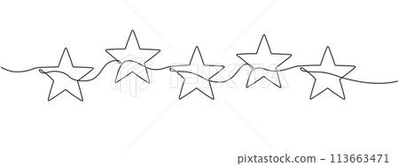 A continuous outline of five stars. Single line editable 5 star icon. Concept of rating service and customer reviews. Christmas divider. Minimalistic vector drawing 113663471