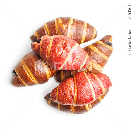 Freshly Baked fruity and Chocolate Croissants Isolated Against White Background Freshly Baked fruity and Chocolate Croissants Isolated Against White Background 113663561
